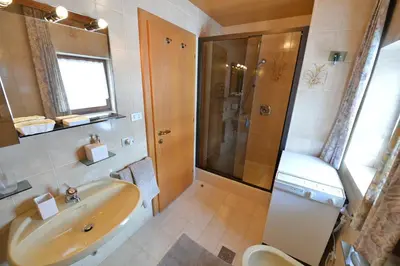 a bathroom with a sink and a shower and a toilet at Apartment Nogler Frieda in Selva di Val Gardena