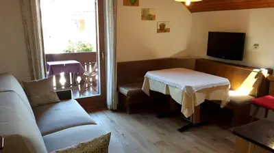a living room with a couch and a table and a tv at Appartements Hoferhof in Villabassa