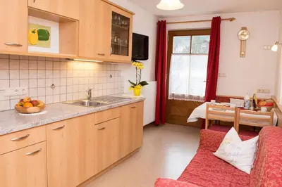 a kitchen with wooden cabinets and a red couch at Appartements Hoferhof in Villabassa