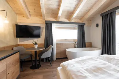 a bedroom with a bed and a tub and a tv at Garnì La Violetta in Soraga