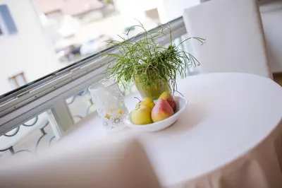 a bowl of fruit and a vase with a plant at Vettererhof in Lana