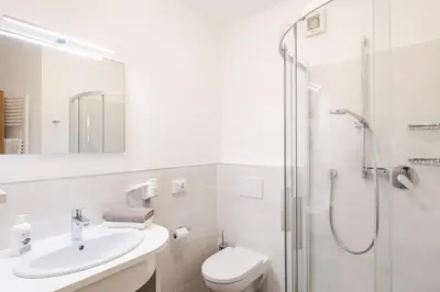 a bathroom with a toilet and a sink and a shower at Vettererhof in Lana
