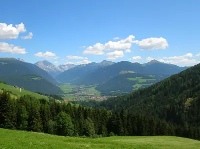 a view of a valley with mountains and trees at Bigraberhof in Valdaora