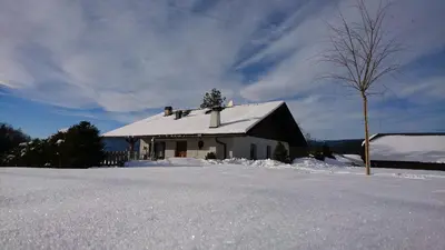a house with a snow covered roof in the snow at Apartments Blumenheim in Castelrotto