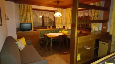 a living room with a couch and a dining room at Apartments Blumenheim in Castelrotto