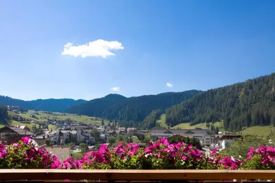 a view of a city with pink flowers at Villa Martha ex Garnì Oskar in Corvara in Badia