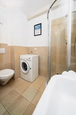 a bathroom with a washing machine and a toilet at Villa Floris in Bressanone