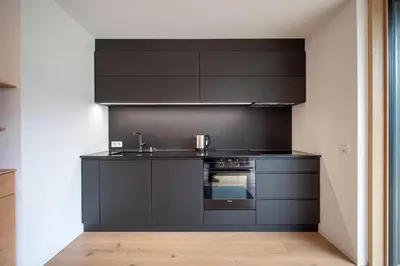 a kitchen with black cabinets and a sink at Villa Mayr in Ortisei