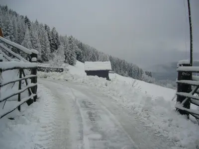 a road covered in snow with a fence and trees at Tötscherhof in Terento