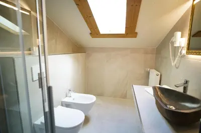 a bathroom with a sink and a toilet at Gstattlhof Mountain Farmhouse in Braies