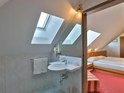 a bathroom with a sink and a bed with skylights at Hotel Sparerhof in Vilpiano
