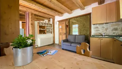 a kitchen and living room with a couch and a table at Maso Franceschella in Carano