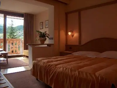 a bedroom with a large bed and a balcony at Hotel Catinaccio Rosengarten in Moena
