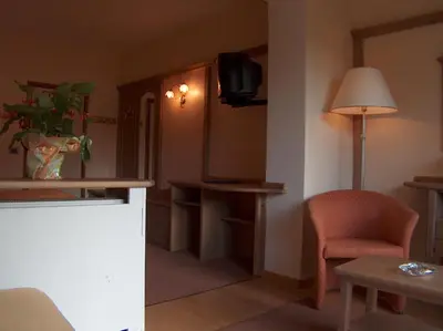 a living room with a chair and a television at Hotel Catinaccio Rosengarten in Moena