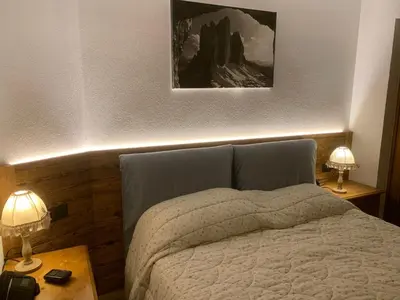 a bedroom with a bed with a picture on the wall at Casa del bosco in Canazei