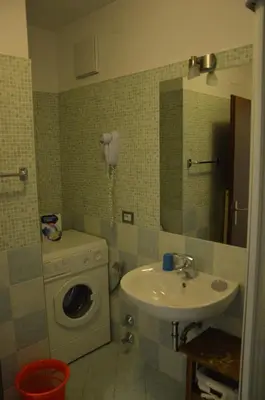 a bathroom with a sink and a washing machine at Cèsa Soracrepa in Canazei