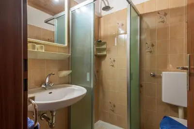 a bathroom with a sink and a shower at Appartements Pension Sonia in Funes