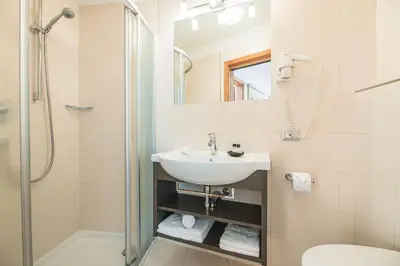 a bathroom with a sink and a shower at AMONIT - CLAUDIA in Selva di Val Gardena