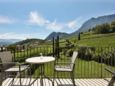 a balcony with a table and chairs and a view of a vineyard at Weingut am Platzl in Appiano sulla Strada del Vino