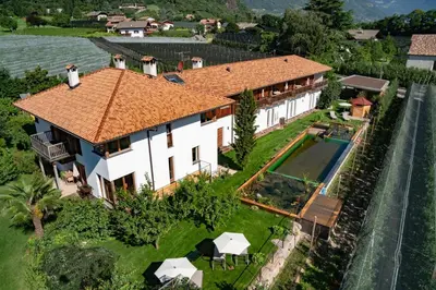 an aerial view of a house with a swimming pool at St. Ulrichhof in Lana