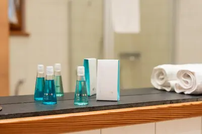 a counter with three bottles of toothbrushes and towels at St. Ulrichhof in Lana