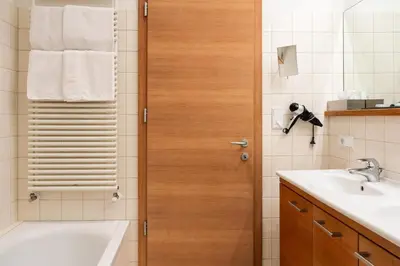 a bathroom with a wooden door and a sink at St. Ulrichhof in Lana