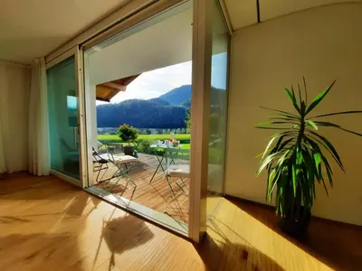 a room with a sliding glass door with a plant at MANTANA - Apartments in San Lorenzo di Sebato