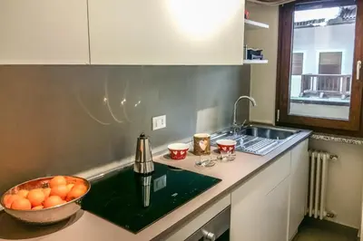 a kitchen with a sink and a bowl of oranges on the counter at Residence Des Alpes in Canazei
