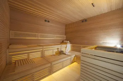 a sauna with wooden walls and benches and a tub at Aparthotel Wellness Villa di Bosco in Tesero