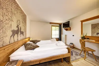 a bedroom with a bed and a desk in a room at Aparthotel Wellness Villa di Bosco in Tesero