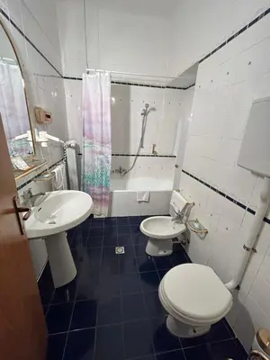 a bathroom with two sinks and a toilet and a shower at Residence Grand Hotel Carezza in Nova Levante