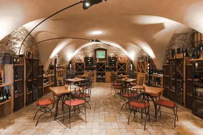 a room with tables and chairs in a wine cellar at Hotel Mandelhof in Appiano sulla Strada del Vino