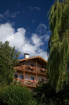 a building with a balcony and a tower on top at Albergo Bellaria in Carano