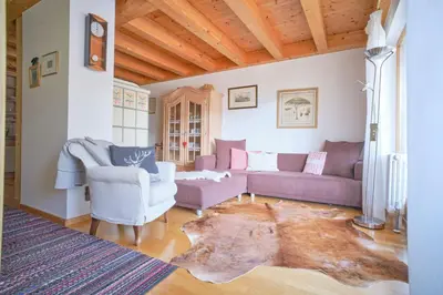 a living room with two couches and a rug at Supperior Appartement in Rasùn di Sotto