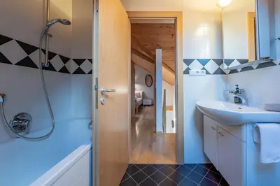 a bathroom with a sink and a shower and a toilet at Supperior Appartement in Rasùn di Sotto