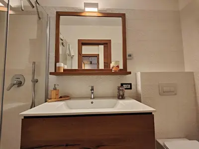 a bathroom with a sink and a mirror at Appartamenti Home Service in Arabba