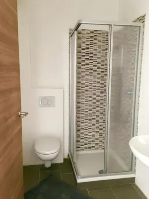 a bathroom with a shower and a toilet and a sink at Iceman Room's Central in Bolzano