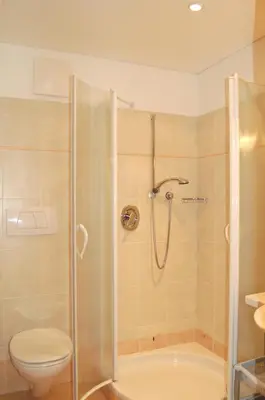 a bathroom with a shower and a toilet at Pension Schlaneiderhof in Meltina