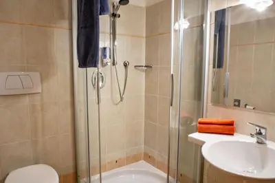 a bathroom with a shower and a toilet and a sink at Pension Schlaneiderhof in Meltina