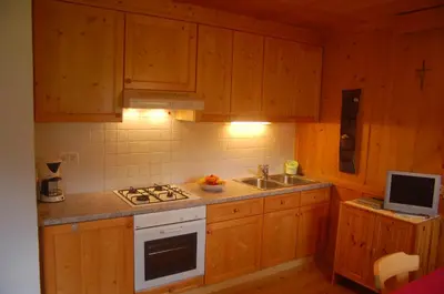 a kitchen with wooden cabinets and a stove and a sink at Agriturismo Feur Hof in San Martino in Badia