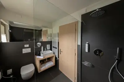 a bathroom with a toilet and a sink and a shower at Hotel Canada in Predazzo