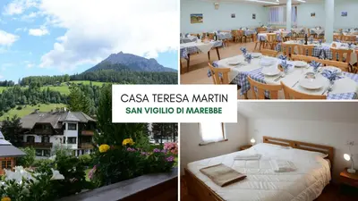 a collage of photos of a restaurant with a bed and tables at Casa Teresa Martin in San Vigilio Di Marebbe