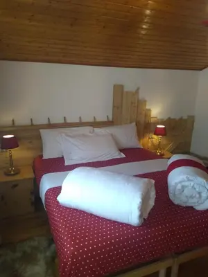 a bedroom with two beds with white sheets and two lamps at Steila da Mont Campitello in Campitello di Fassa