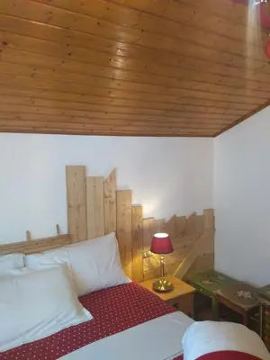 a bedroom with a bed with a wooden ceiling at Steila da Mont Campitello in Campitello di Fassa