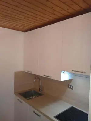 a kitchen with a sink and a wooden ceiling at Steila da Mont Campitello in Campitello di Fassa