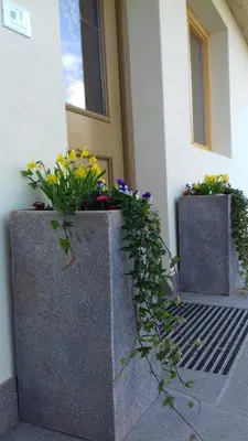 two flower pots on the side of a building at Steinkellerhof in Vollan