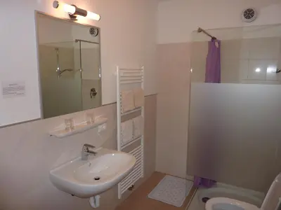 a bathroom with a sink and a toilet and a mirror at Appartement Windisch in Tirolo