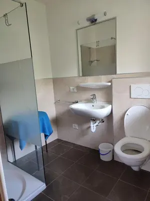 a bathroom with a toilet and a sink and a mirror at Appartement Windisch in Tirolo