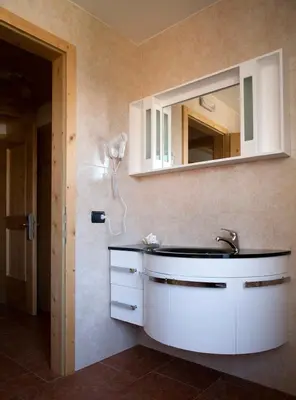 a bathroom with a sink and a mirror at Agritur Scoiattolo in Coredo