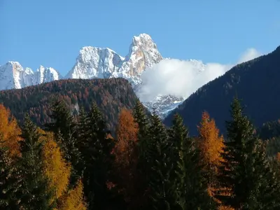 a mountain range with trees and snow capped mountains at Hotel Sole Family Hotel in Predazzo